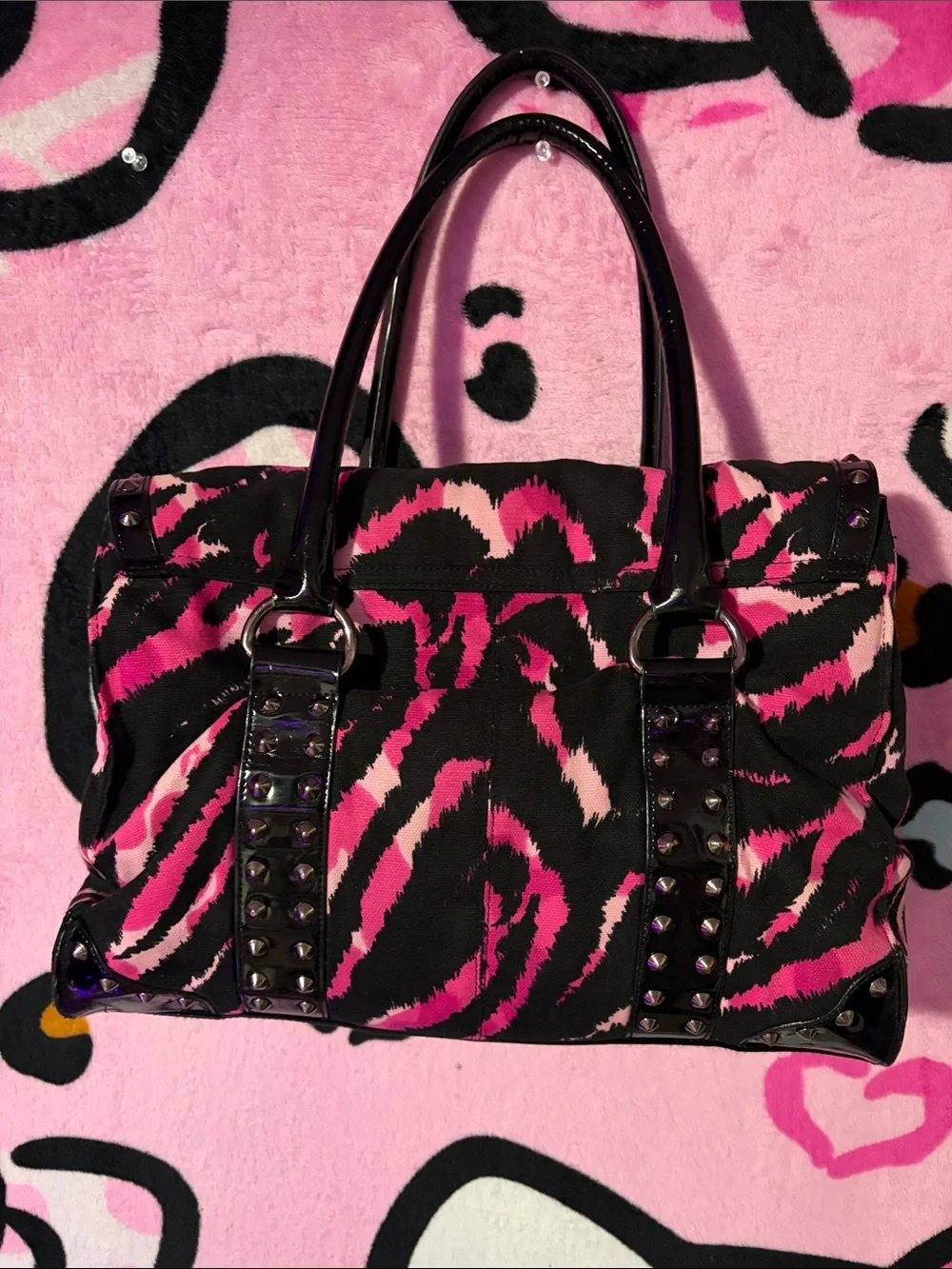 Pink and Black Zebra-Print Studded Shoulder Bag